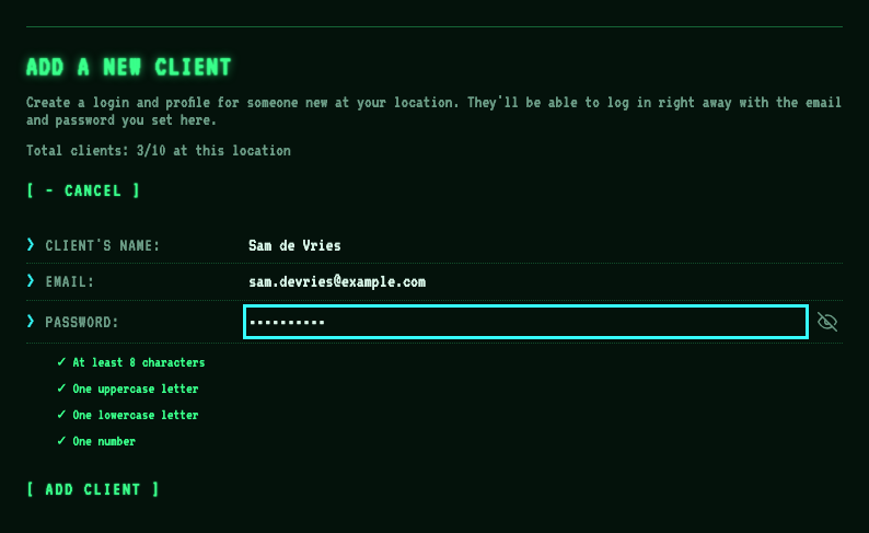 The Add Client form filled in with a name, email, and password, showing all four password checklist items checked off, and an Add Client button.