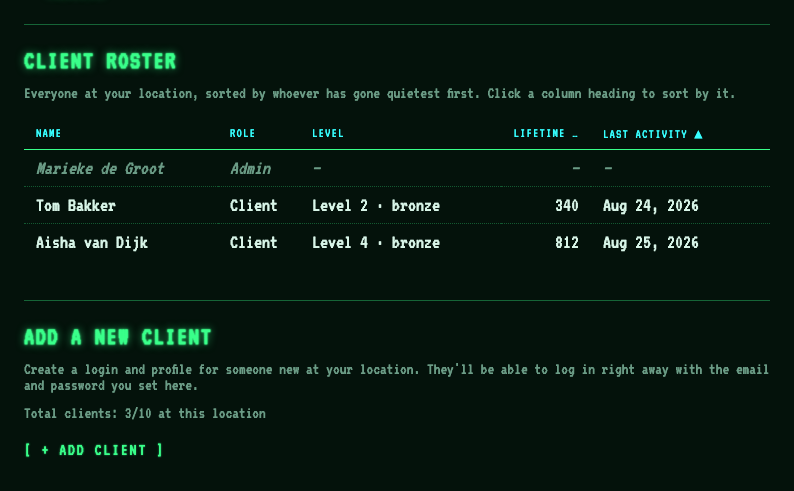 The Client Roster table listing several clients with their role, level, points, and last activity, with a 'Total clients: 3/10 at this location' line and a plus Add Client button below it.
