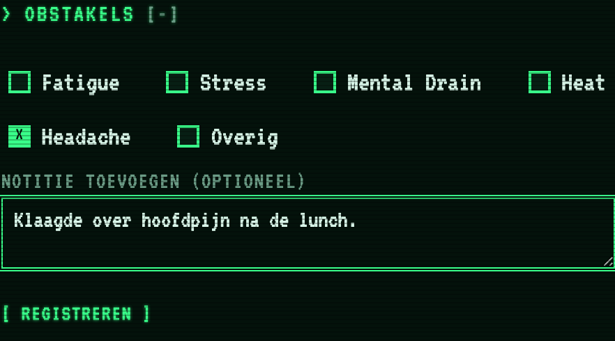 De sectie Obstakels uitgeklapt, met Headache aangevinkt en een notitie getypt in het optionele notitieveld.