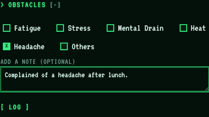 The Obstacles section expanded, with Headache ticked and a note typed in the optional note box.