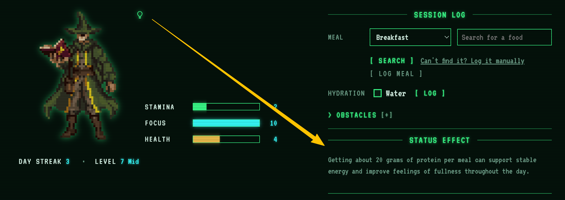 The lightbulb Status Effect icon near the avatar, with an arrow pointing to the opened tip in Session Log, reading a message about protein at each meal.