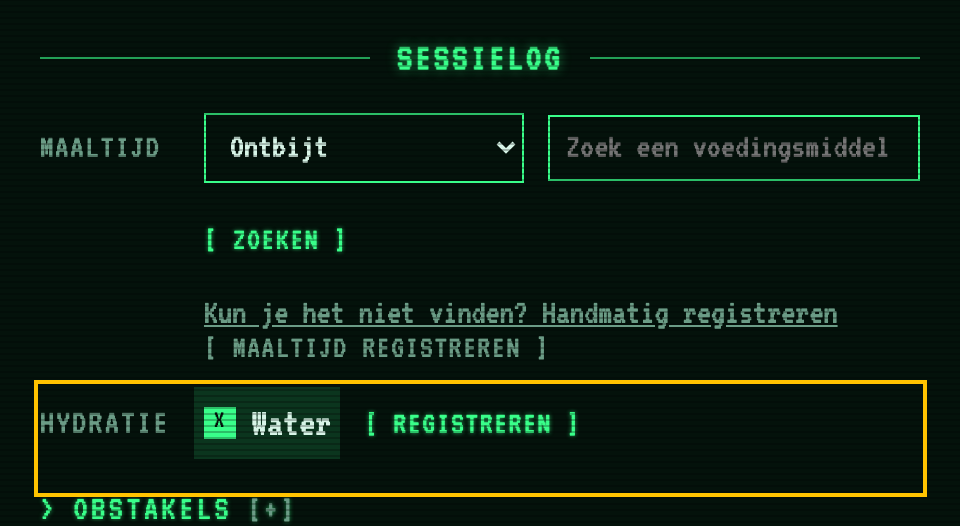 De rij Hydratie, gemarkeerd, met het vakje Water aangevinkt en een knop Registreren, naast het maaltijdformulier en Obstakels erboven en eronder.