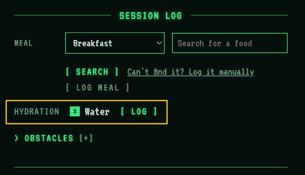 The Hydration row, highlighted, with the Water checkbox ticked and a Log button, shown alongside the meal form and Obstacles above and below it.